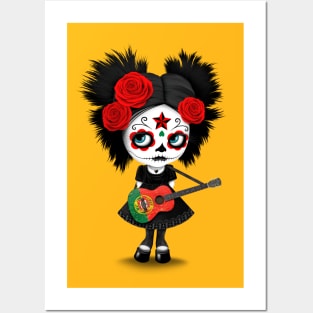 Sugar Skull Girl Playing Portuguese Flag Guitar Posters and Art